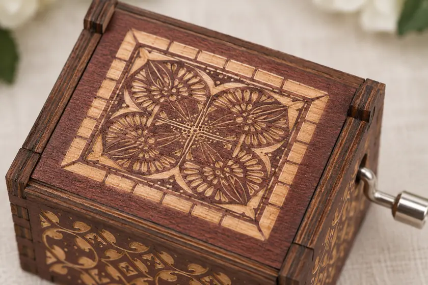 Gros plan du couvercle en bois brun foncé, motif floral gravé dans un cadre carré