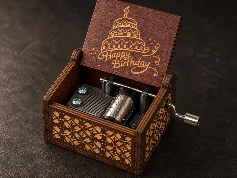 Boîte à musique ouverte : gâteau et Happy Birthday gravés sous le couvercle, cylindre à picots et peigne métalliques